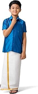 RAMRAJ COTTON Boys Silk Cotton Shirt with Adjustable Dhoti