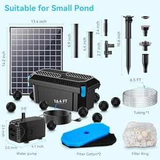 POPOSOAP Solar Water Pump with Pond Filter, 25W Solar Pond Filter with Fountain Pump Water Flow Adjustable, Pond Filter with Tubing for Outdoor Ponds Fish Tank Pool Garden Water Feature Waterfall