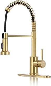 DJS Kitchen Faucets with Pull Down Sprayer Brushed Gold High Arc Single Handle 1 or 3 Holes Spring Kitchen Sink Faucet with Deck Plate for Farmhouse RV Vessel Basin