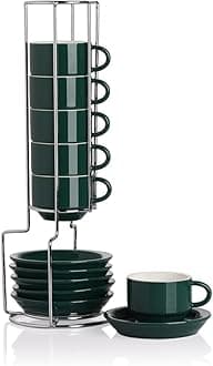 SweejarPorcelain Espresso Cup & Saucer Set, Stackable Demitasse Cups with Metal Stand, 2.5 OZ for Latte,Coffee,Cafe Mocha,Tea, Set of 6 (Jade New)