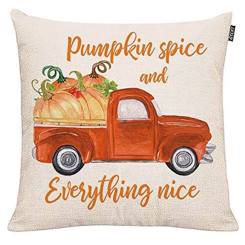 GTEXT Fall Decor Pumpkin Spice and Everything Nice Throw Pillow Cover Autumn Red Truck with Pumpkins Pillow Cuhion Cover Case for Couch Sofa Home Decoration Fall Pillows Linen 18 X 18 Inches