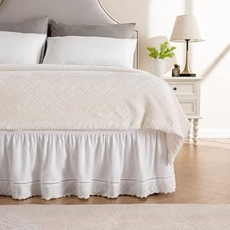 MIYE Wrap Around Ruffled Lace Bed Skirt, Elastic Dust Ruffle with Adjustable Belts, Easy to Put On, Bed Frame Cover, Machine Washable (Embroidered/White, King/Queen-18 Drop)