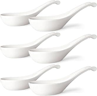 Asian Soup Spoons Set of 6, Ceramic Chinese Soup Spoons 7 Inch Japanese Spoon for Ramen Pho Dumpling Miso Wonton Noodles | Long Handle Flat Bottom Deep Oval Hook Design | White