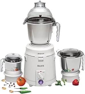 Sujata Dynamix Mixer Grinder|900 Watts Double Ball Bearing Motor|22000 RPM|Non-Stop 90 Mins Running|3 Food Grade Steel Jars including 1500ml Multipurpose, 1000ml Grinder, 500ml Chutney Jar (White)