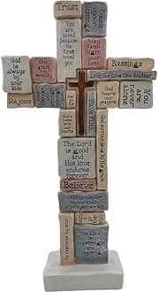 Cross Sculpture with Christian Words and Sayings Crossword Table Inspirational Figurine Cross for Home Decor Christian Gifts