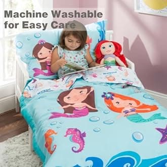 EVERYDAY KIDS 4 Piece Toddler Bedding Set -Undersea Mermaids Adventure- Includes Comforter, Flat Sheet, Fitted Sheet and Reversible Pillowcase
