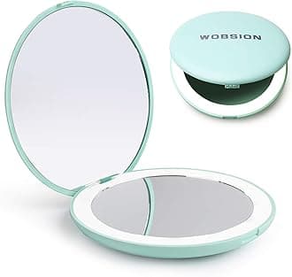 wobsion LED Lighted Travel Makeup Mirror, 1x/10x Magnification Compact Mirror, Portable for Handbag, Purse, Pocket, 8.9cm Illuminated Folding Mirror, Handheld 2-Sided Mirror, Round, Cyan