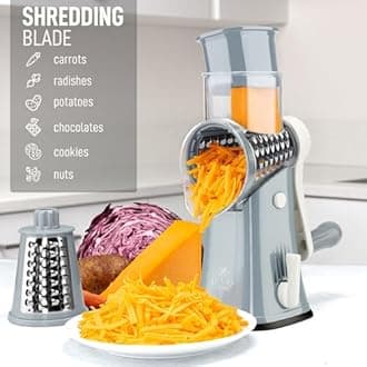 Zulay Kitchen Rotary Cheese Grater 5 Blade Cheese Shredder - Manual Hand Crank Cheese Grater With Reinforced Suction & 5 Interchangeable Drums - Easy to Use, Vegetable Chopper Round Mandoline Slicer