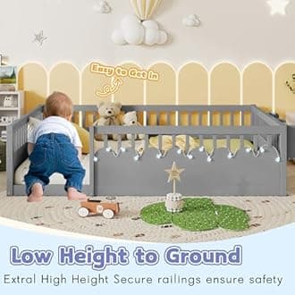 Mirightone Floor Bed for Kids, Full Size Montessori Bed with High Fence Railings, Wood Playhouse Beds with Rails, Light & Storage for Baby Boys Girls Teens, No Slats Included, Gray