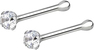 Nose Rings Sterling Silver CZ Simulated Diamond Bone Studs, 1.5mm Crystal 22g