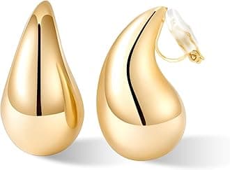 Gold Drop Clip On Earrings Dupes Teardrop Chunky Non Pierced Earring 14K Real Gold Plated Hypoallergenic Lightweight Earrings for Women and Girl（Gold and Silver）