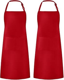 Syntus 2 Pack Adjustable Bib Apron Waterdrop Resistant with 2 Pockets Cooking Kitchen Aprons for Women Men Chef, Red