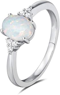 FANCIME Birthstone Rings for Women Created Opal Rings Sterling Silver 4-prong Halo White Opal Cubic Zirconia Engagement Wedding Ring Fine Jewelry for Women Girls Size 4,5,6,7,8,9,10