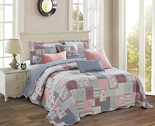PRIME LINENS Luxury Quilted Patchwork Bedspread Bed Throw 3 Piece Bedding Set Includes Comforter & 2 Pillow Shams Floral Design Coverlet Embroidered (Fine Décor, King)
