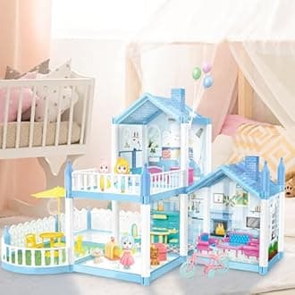 deAO Dollhouse Dreamhouse,DIY Building Pretend Play House,3 Dolls & 2 Pets Princess Doll House and Furniture,STEM Pretend Play Toys for Girls,Girl Gift for 3 4 5 Age,
