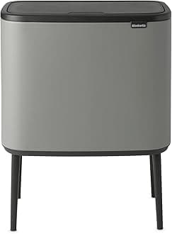 Brabantia Bo Touch Top Kitchen Trash Can with Single Compartment & Raised Legs | Mineral Gray | 9.5 Gal Inner Bucket | Soft-Close Garbage Can, Stay-Open Lid | Fits Against Wall | + Trash Bags