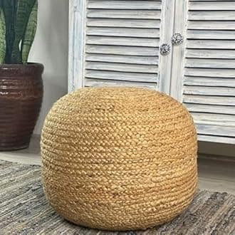 OMAJA HOME Jute Ottoman Pouf for Seating | Jute Ottoman for Footrest Filled with Bean Balls | Ottoman Pouf Stools for Living Roombedroom, 50X50X25 Cm Beige (Desgin_08)