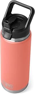 YETI Rambler 26 oz Bottle, Vacuum Insulated, Stainless Steel with Color Matching Straw Cap, Coral