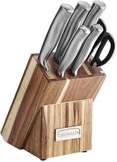 Cuisinart C77SS-7P Stainless Steel 7-Piece Prep Knife Set Acacia Block Precision Cut Blades, Ergonomic Handles