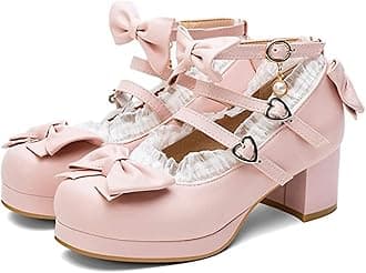LUXMAX Women Cute Shoes Kawaii Pumps Mid Block Heel Mary Janes Platform Sweet Cosplay Dress Shoes Strappy Ankle Strap Pumps with Bow