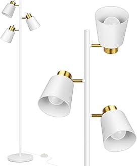 Tree Floor Lamps for Living Room, 67" Modern Standing Floor Lamp with 3 LED Bulb, Industrial Tall Lamp Reading Lighting for Bedroom Study Office Decor, 3 Rotatable Light Heads, White Gold