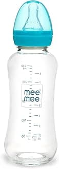 Mee Mee Glass Feeding Bottle 240ml| Eazy Flo Technology, Anti-Colic Valve, Anti-Slip Ergonomic Shape & Slim Neck | BPA-Free, Borosilicate Glass Feeding Bottle for 0m+/Babies Upto 3 Years (Blue)