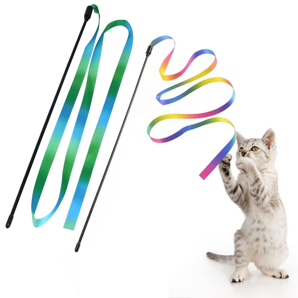 Interactive Cat Rainbow Wand Toys, Interactive Cat Teaser Wand String, Colorful Ribbon Charmer for Kittens - 2 PCS
