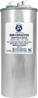 Appli Parts Dual Run Capacitor for ac 50+10 Mfd uF (microfarads) 370VAC or 450VAC CBB65 Round Universal fit for hvac and other applications 5-5/8 in High 2-1/8 in Wide CON-50/10-450