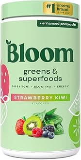 Bloom Super Greens Powder Strawberry Kiwi (60 Servings) Blends Probiotics, Enzymes, Spirulina, and Chlorella to Support Women’s Gut Health, Relieve Bloating, and Aid Digestion Naturally