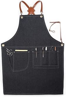 LANDY Adjustable Denim Bib Apron, Work Smock Jean Apron for Men & Women with Pocket & Cross-Back Straps for Salon Barber Hairdressers BBQ Grill Housewife (Black C Type)