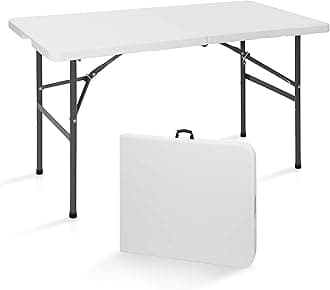 SUPER DEAL Portable 4 Foot Plastic Folding Table, Small Indoor Outdoor Heavy Duty Fold-in-Half Picnic Party Camping Barbecues Table with Carrying Handle, White