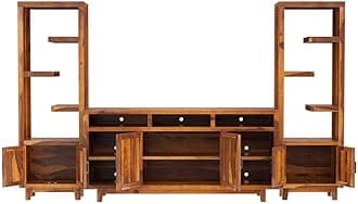 WoodMarwar Sheesham Wood Entertainment TV Unit & Set of 2 Book Shelf for Living Room | TV Cabinet with Two Open Display Decor Bookcase | TV Table with 2 Shelf & 2 Door Storage and Bookshelf, Honey