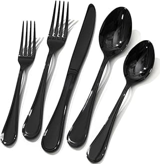 KINGSTONE 20 Piece Teardrop Silverware Set for 4, 18/10 Stainless Steel Flatware Set, Modern Design Cutlery Set for Home/Hotel/Wedding,Mirror Polished and Dishwasher Safe, Black