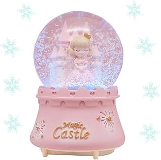 Azonee Musical Snow Globes, Cute Princess Castle Figurine Snow Globes, Automatic Snowfall Musical Snow Globe with Color Changing LED Light for Girls, Birthday Home Party Decoration (Pink)