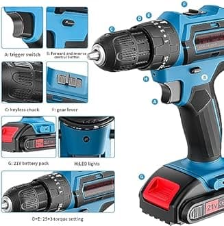 Cordless Drill Set, 21V Power Drill with 2 Batteries and Charger, 25+3 Torque Setting Electric Drill with 26 Acessories, Built-in 3/8'' Keyless Chuck, LED Light, Max 398 in/lb Electric Screwdriver