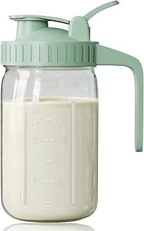 Breast Milk Pitcher, Mason Jar 32 oz, Heavy Duty Wide Mouth Jar with Green Flip Cap Lid and Pour Spout, Airtight Seal for Freshness and Convenience, Great for Cold Beverages and Home Entertaining