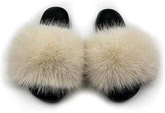 AuapTavw Women's Faux Fur Slides Slippers Fluffy Fuzzy Sandals Open Toe Furry Slide Flip Flop Indoor Outdoor