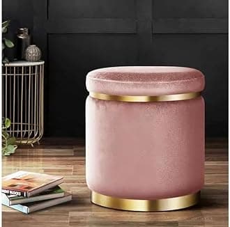 Ottoman Round Velvet Seating Stool Lounge Footstool Pouf Dressing Make Up Vanity Extra Seat for Bedroom Hallway Office Living Room Home Decor Furniture (Pink)