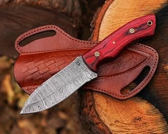Fixed Blade Damascus Steel Hunting Knife with Leather Sheath, 9'' Full Tang Hunting Skinning Knife,Non-Slip Wooden Handle,Camping Blade