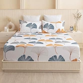 HOMEMONDE 100% Cotton Fitted Bed Sheet for King Size Bed, Ginkgo Leaf Printed All Around Elastic Bedsheet 78 x 78 Inch with 2 Pillow Cover | Perfect for Home Decor & Gifting