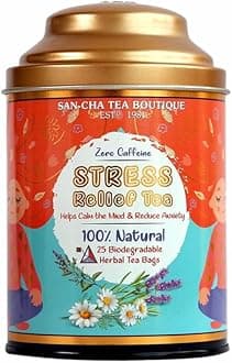 Sancha Tea Boutique Stress Relief Tea | 25 Pyramid Bags | Caffeine Free Herbal Tisane with Chamomile, Lavender & Mint | Relaxing & Calming Blend