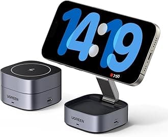 UGREEN MagFlow Magnetic Foldable Charging Station, 2-in-1 Fast Wireless Charger Compatible with iPhone 17 17 Air 17 Pro 17 Pro Max 16 15 14 13 12, Airpods3 2 Pro (No AC Adapter)
