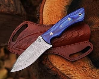 Fixed Blade Damascus Steel Hunting Knife with Leather Sheath, 9'' Full Tang Hunting Skinning Knife,Non-Slip Wooden Handle,Camping Blade