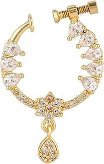 I Jewels Gold Plated Drop CZ American Diamond Non-Piercing Screw Press Nose Ring For Women (Style 2)