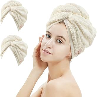 2 Pack Microfiber Hair Towel Wrap,Hair Drying Towel with Button, Absorbent and Soft,Anti-frizz Head Towel to Dry Hair Quickly(Beige&Beige)