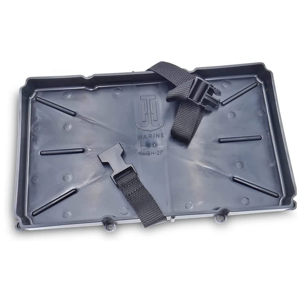 T-H Marine Narrow Battery Tray Holder with Poly Strap – Space Saving NMMA Certified Battery Tray with Recessed Mounting Wells for Marine, RV, and Trolling Motor Installations – Group 27, 12.5" x 7"
