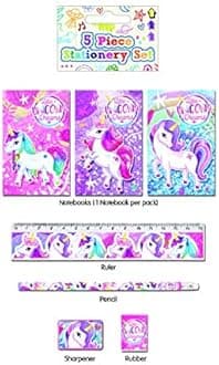 5 Piece Stationery Set - Pencil, Sharpener, Rubber, Ruler, Notepad (Unicorn)