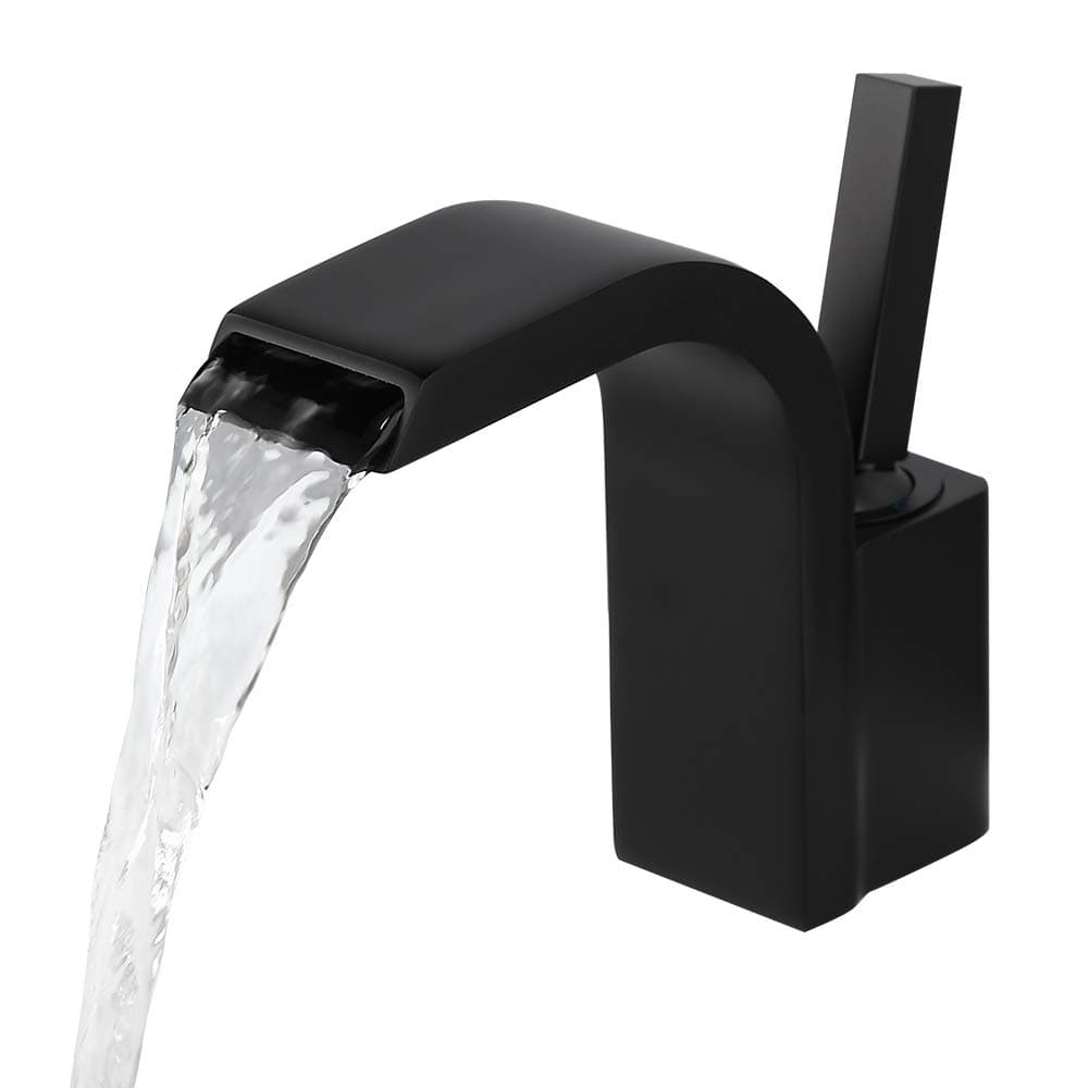 Lovedima Modern Single Joystick Handle Single Hole Solid Brass Waterfall Spout Bathroom Sink Faucet (Black)