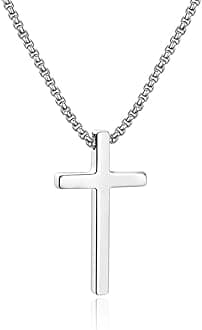 Ursteel Cross Necklace for Men Women, Stainless Steel Cross Pendant Silver Mens Cross Necklace 24 Inch Necklace for Men Gifts