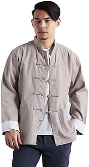 Men`s Chinese Traditional Linen Cotton Tai Chi Kung Fu Mandarin Collar Frog-Button Shirt